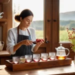 요로감염 예방을 위한 천연 차 추천 - A serene adult woman, dressed in comfortable, modest attire, is gently preparing a herbal infusion i...