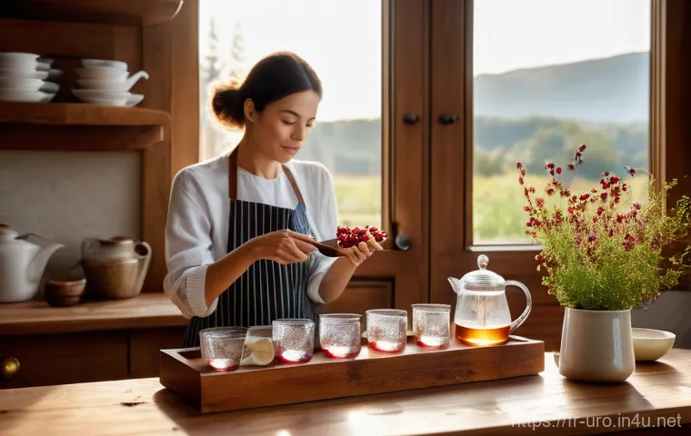 요로감염 예방을 위한 천연 차 추천 - A serene adult woman, dressed in comfortable, modest attire, is gently preparing a herbal infusion i...