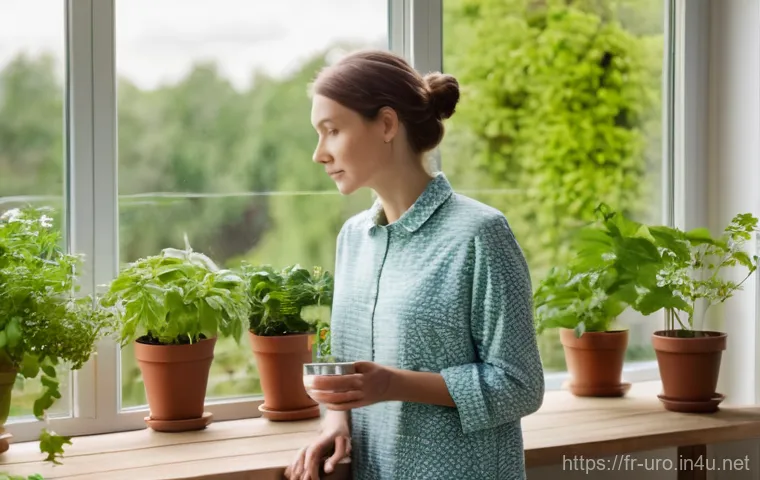 요로감염 예방을 위한 천연 차 추천 - A calm and content adult woman, wearing a cozy knitted sweater and comfortable trousers, sits by a l...