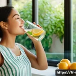 신장결석 완화를 위한 식단 - **Prompt:** "A young woman, in her late 20s, with a healthy and radiant complexion, is happily drink...