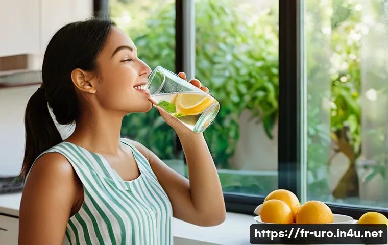 신장결석 완화를 위한 식단 - **Prompt:** "A young woman, in her late 20s, with a healthy and radiant complexion, is happily drink...