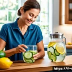 신장결석 예방을 위한 수분 섭취 팁 - A vibrant and detailed kitchen scene featuring a middle-aged French woman preparing a homemade infus...