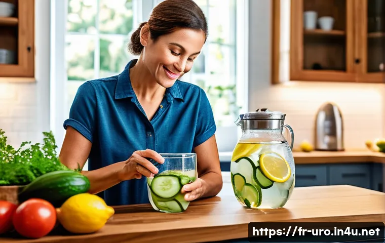 신장결석 예방을 위한 수분 섭취 팁 - A vibrant and detailed kitchen scene featuring a middle-aged French woman preparing a homemade infus...