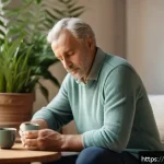 전립선염 증상과 완화 방법 - A middle-aged French man sitting thoughtfully in a cozy, sunlit living room, dressed in casual home ...