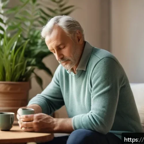 전립선염 증상과 완화 방법 - A middle-aged French man sitting thoughtfully in a cozy, sunlit living room, dressed in casual home ...