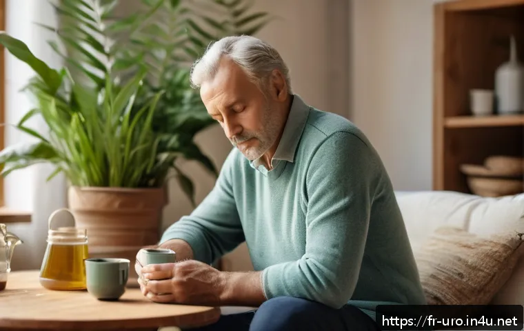 전립선염 증상과 완화 방법 - A middle-aged French man sitting thoughtfully in a cozy, sunlit living room, dressed in casual home ...